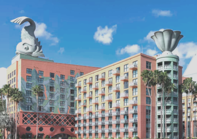 Colorful Disney hotel with nautical sculptures