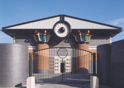 Postmodern building with strong circular and triangular shapes