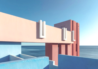Blue, pink and red pastel colors on a postmodern building