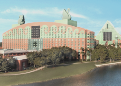 Pink and green postmodern Disney hotel