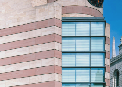 Red and sand stripes of postmodern building