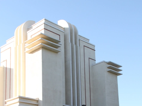 Close up of the top of a Streamline Moderne building