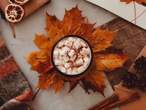Overhead shot of fall drink with marshmallows resting on orange leaves