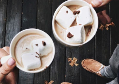 Overhead shot of two hot chocolates with large marshmallows
