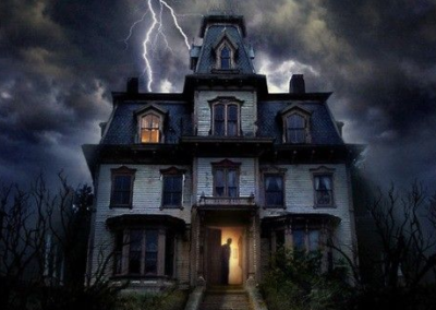 Graphic of a Victorian house with lightning in the background