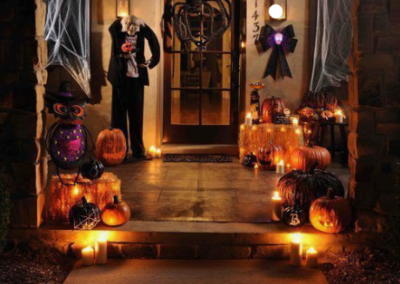 Stoop of a house decorated for Halloween