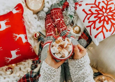 Overhead shot of hot chocolate with marshmallows